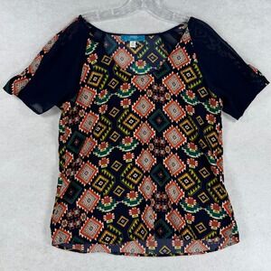 Matilda Geometric Aztec Print Blouse Navy Sheer Raglan Short Sleeve Medium BOHO